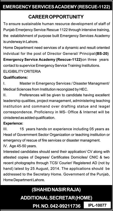 Director General / Principal Jobs in Emergency Services Academy Lahore 2014 August Rescue-1122