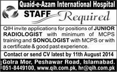 Quaid e Azam International Hospital Islamabad Jobs 2014 August for Junior Radiologist & Sonologist