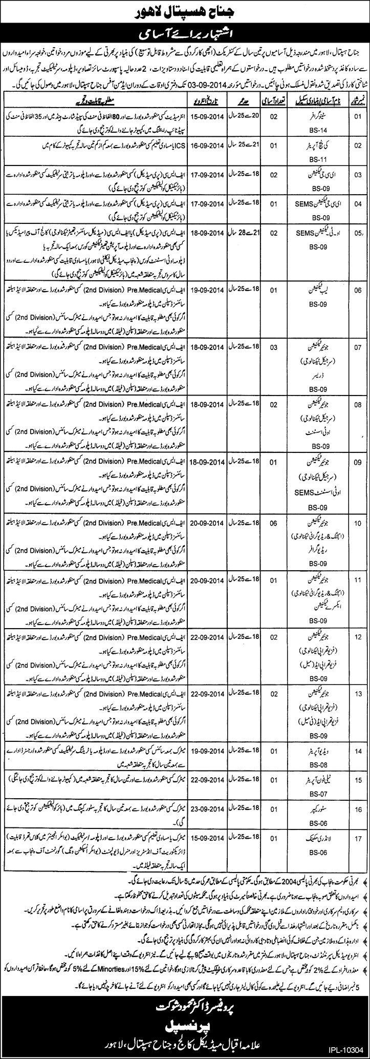 Jinnah Hospital Lahore Jobs August 2014 Latest for Admin & Paramedical Staff
