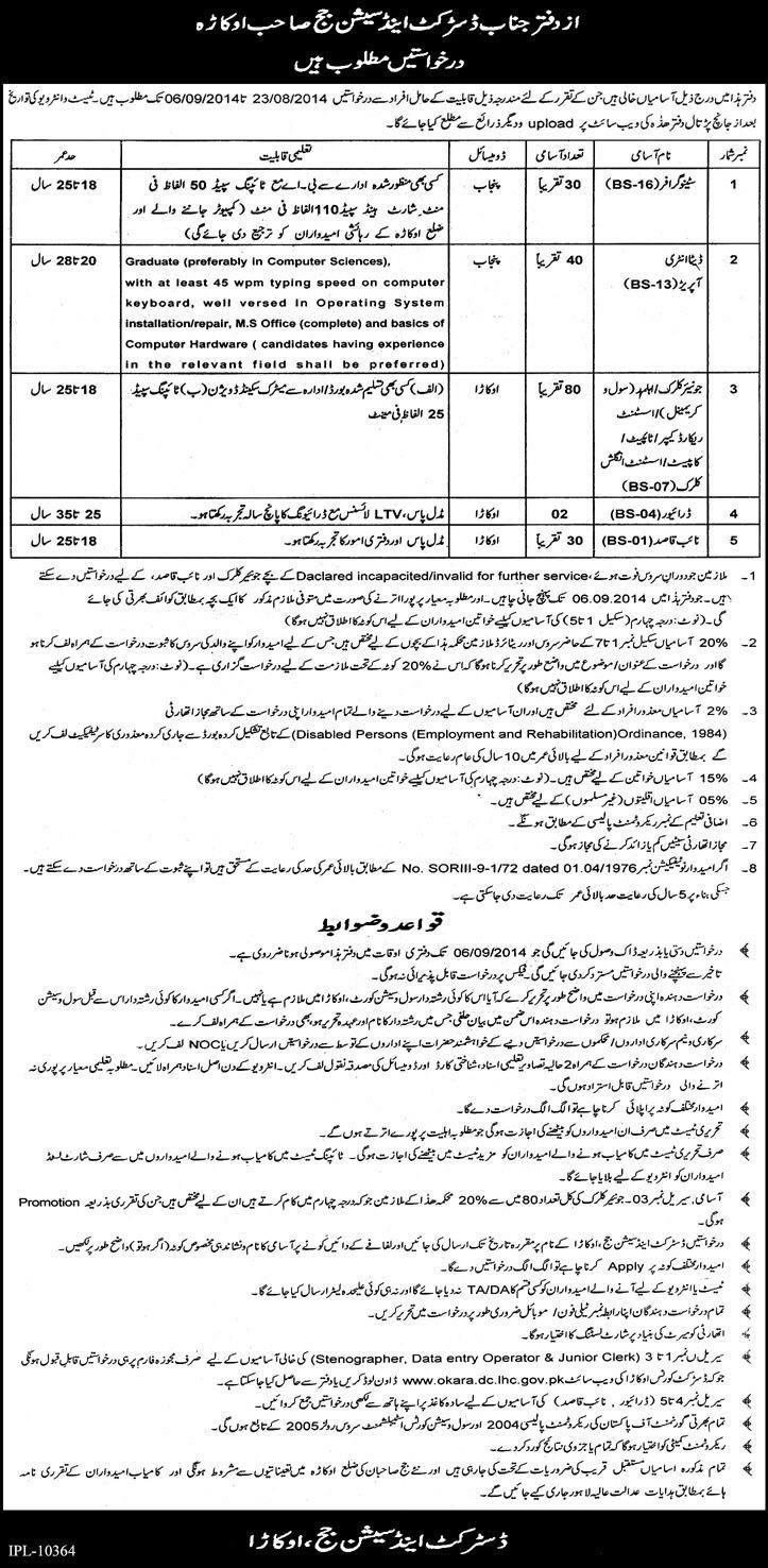 District and Session Court Okara Jobs 2014 August for Stenographers, Clerks & Court Staff