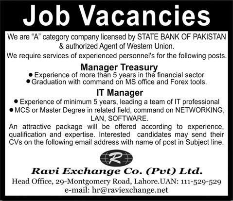 Treasury / IT Manager Jobs in Lahore 2014 August at Ravi Exchange Co (Pvt) Ltd