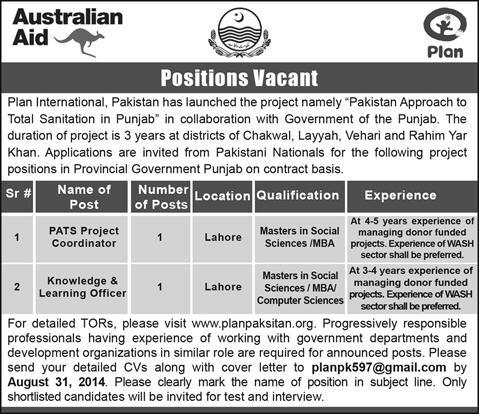 Plan International Pakistan Jobs 2014 August for Project Coordinator and Knowledge & Learning Officer