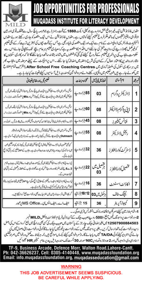 Muqaddas Institute for Literacy Development Lahore Jobs 2014 August Latest