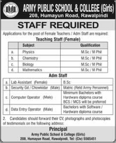 Army Public School and College Rawalpindi Jobs 2014 August for Teaching & Admin Staff