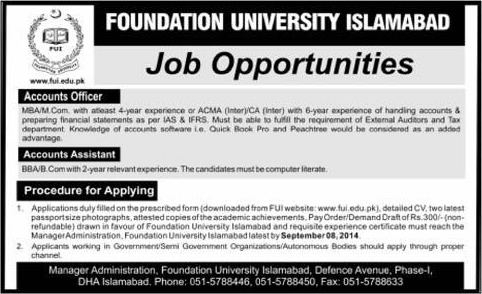 Accounts Officer / Assistant Jobs in Islamabad 2014 August at Foundation University