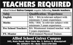 Allied School Rawalpindi Jobs 2014 August for Teaching & Non-Teaching Staff at Gulraiz Campus