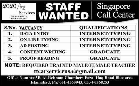 Singapore Call Center Islamabad Jobs 2014 August for Computer Operators, Content Writers, Teachers & Staff