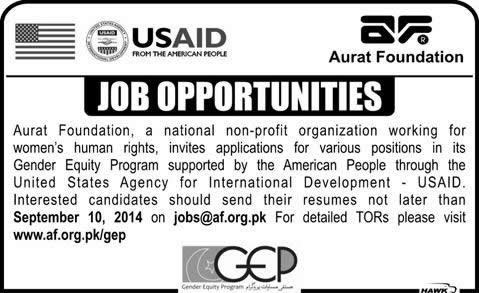 Aurat Foundation Jobs 2014 August for Gender Equity Program by USAID