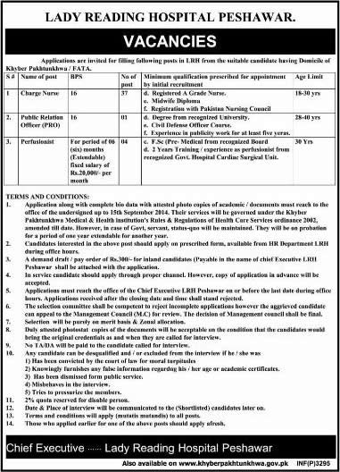 Lady Reading Hospital Peshawar Jobs 2014 August for Nurses, Public Relations Officer & Perfusionist