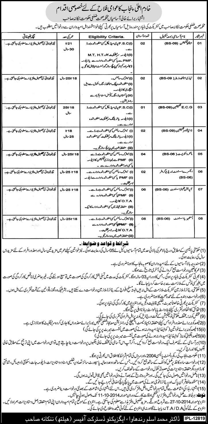 Jobs in Health Department Nankana Sahib 2014 Medical Technicians/Staff, LHV & Anesthesia/OT Assistants