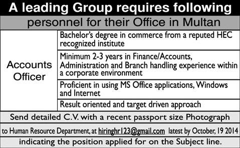 Accountant Jobs in Multan 2014 October Latest Pakistan