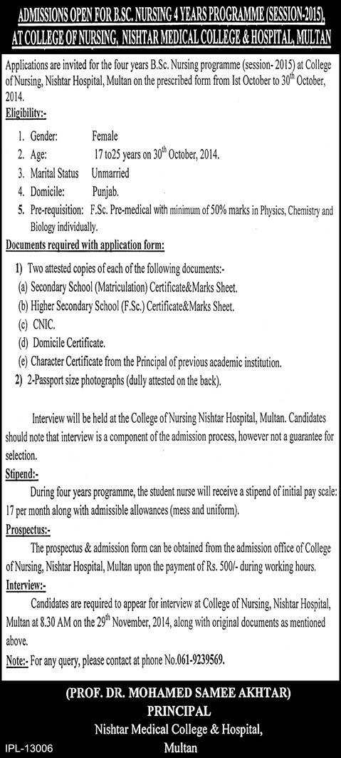 Nishtar Medical College & Hospital Multan Jobs 2014 October Nurses Admission in B.Sc. Nursing