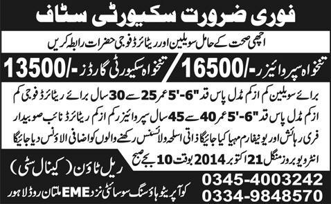 Security Guards & Supervisor Jobs in Lahore 2014 October