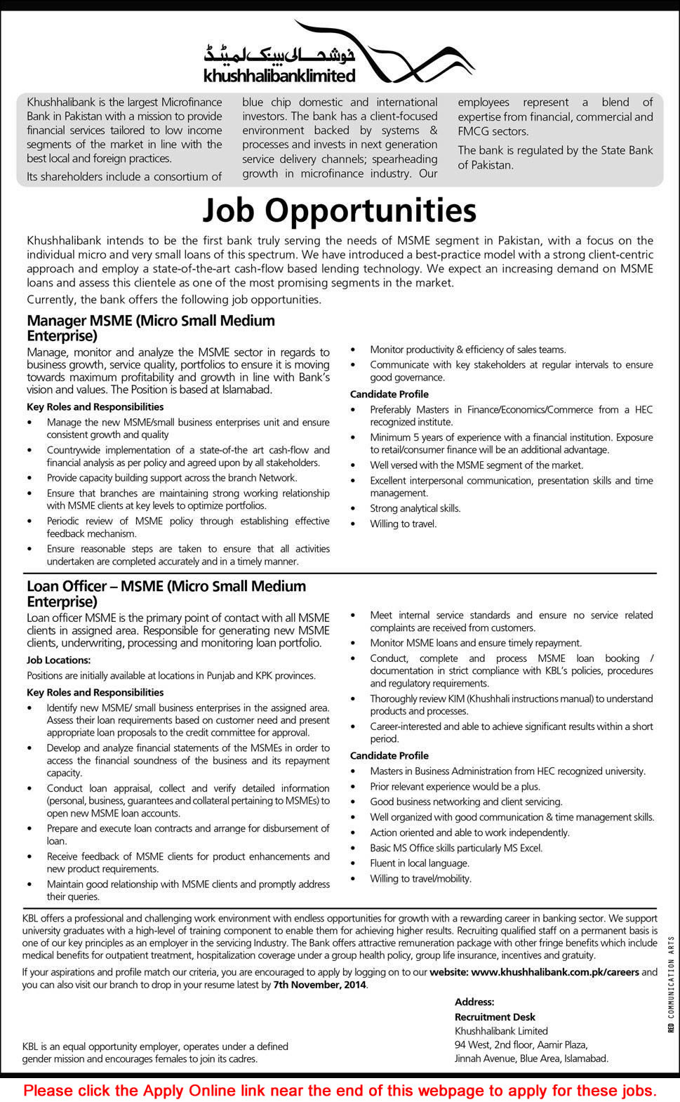 Khushhali Bank Limited Jobs 2014 October / November Pakistan Latest Advertisement