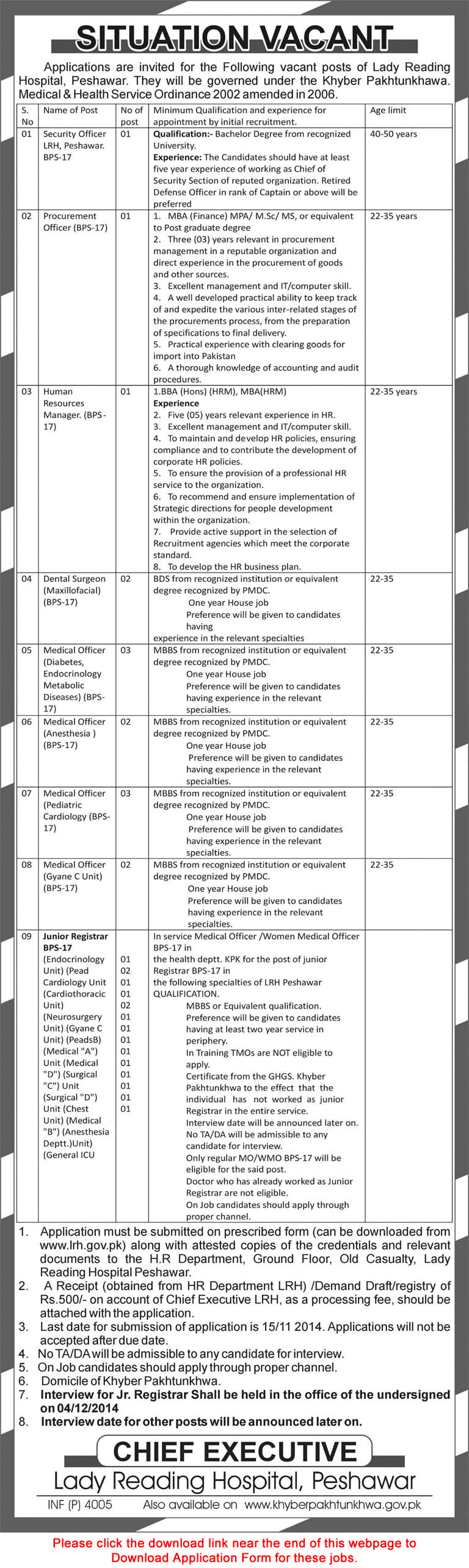 Lady Reading Hospital Peshawar Jobs 2014 November Application Form Download Latest