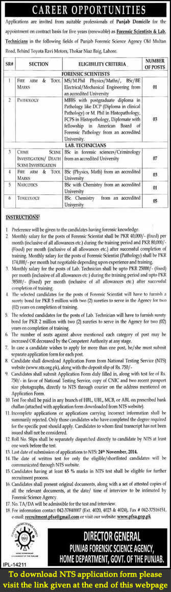 Punjab Forensic Science Agency Lahore Jobs 2014 November NTS Application Form Download