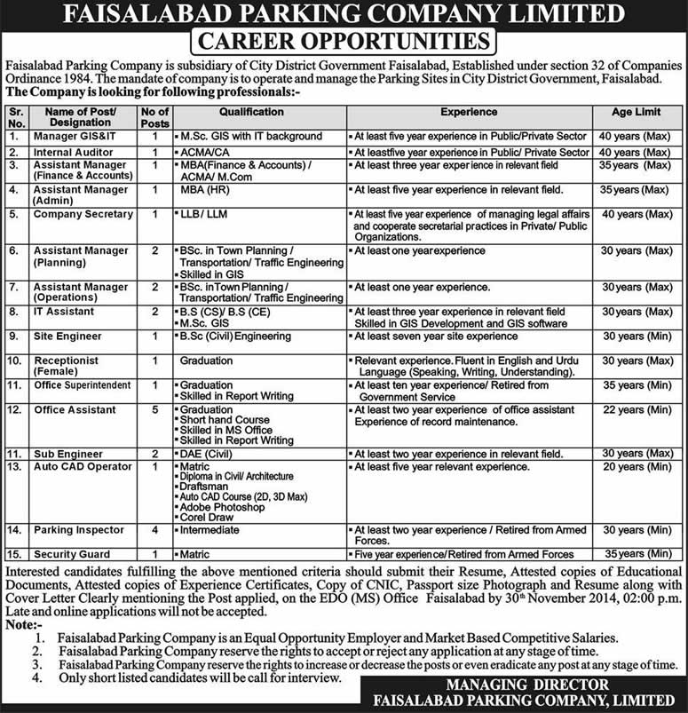 Faisalabad Parking Company Limited Jobs 2014 November Latest Advertisement