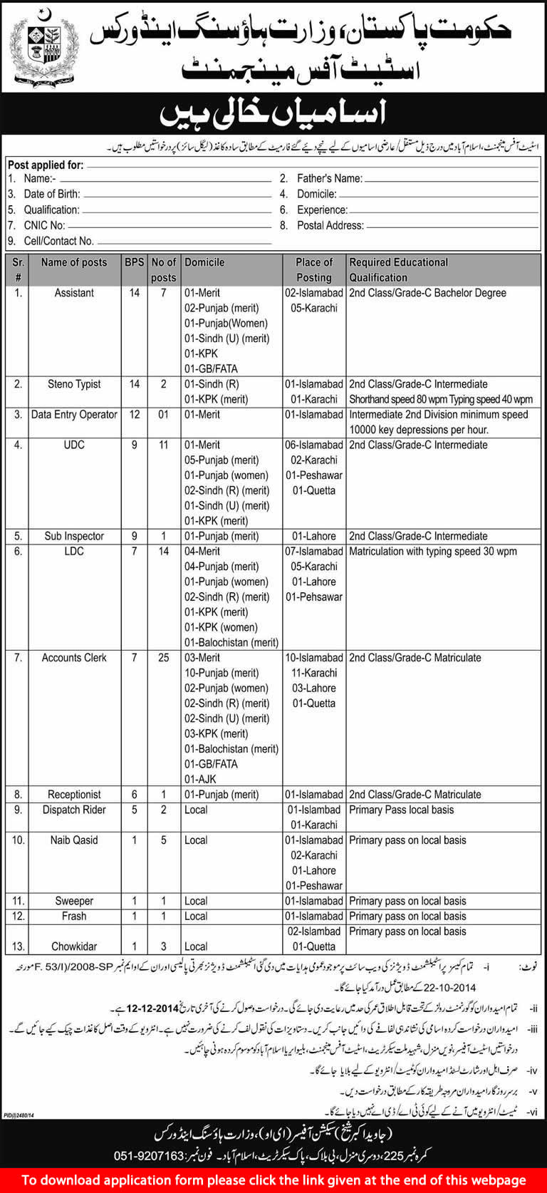 Ministry of Housing & Works Jobs 2014 November Estate Office Management Application Form Pakistan