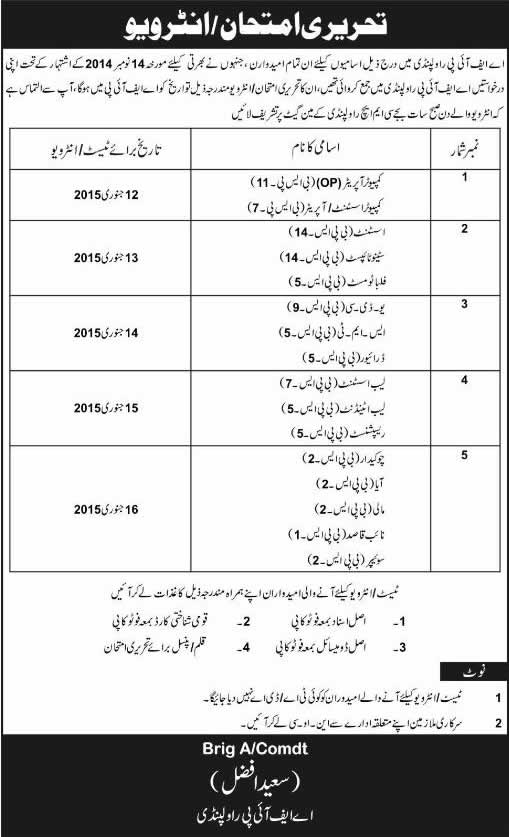 AFIP Rawalpindi Jobs Test / Interview Schedule 2015 Armed Forces Institute of Pathology