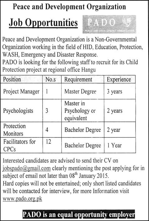 Peace and Development Organization Pakistan Jobs 2015 PADO Child Protection Project