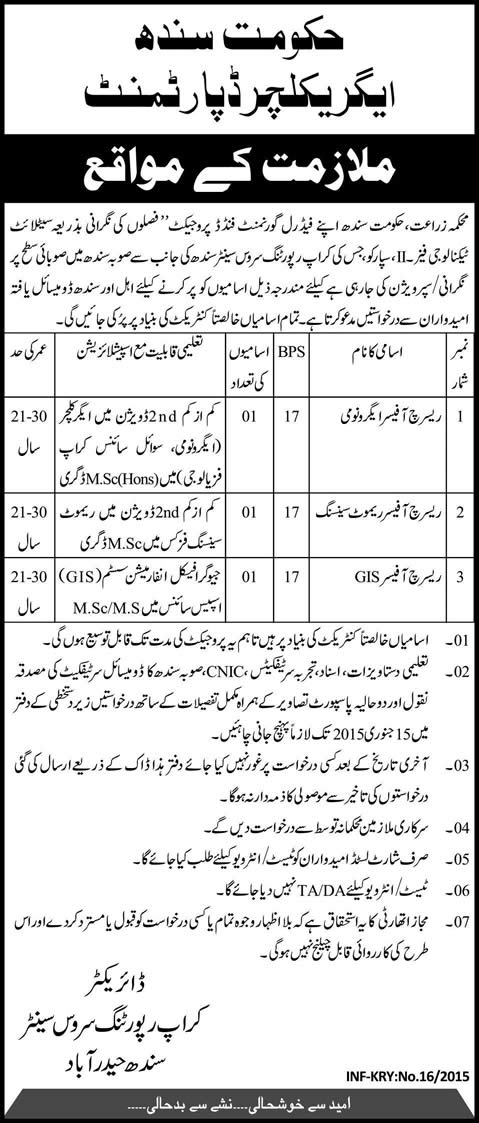 Agriculture Department Sindh Jobs 2015 Hyderabad Crop Reporting Service Center Research Officers