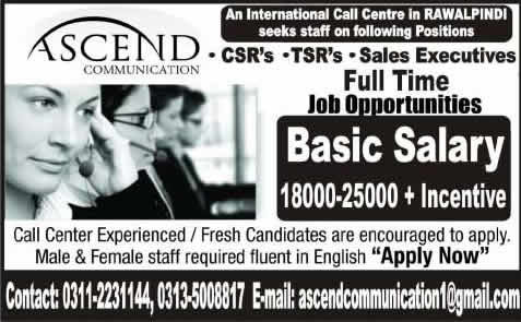 Call Center Jobs in Rawalpindi 2015 CSR, TSR & Sales Executives Ascend Communication