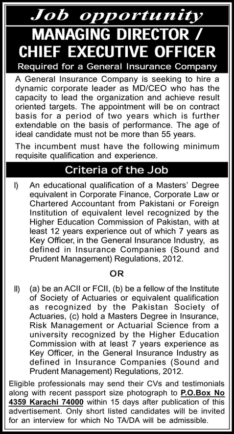 Managing Director / Chief Executive Officer Jobs in Karachi Pakistan 2015 at a General Insurance Company