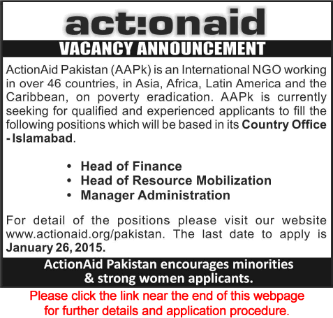 Finance, Administration & Resource Mobilization Jobs in ActionAid Pakistan 2015 Islamabad AAPk