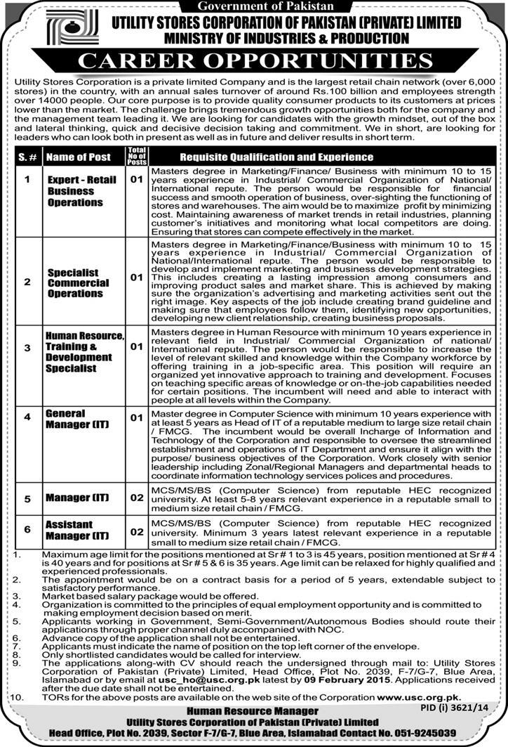 Retail & Commercial Operations, HRD and IT Jobs in Utility Stores Corporation of Pakistan 2015 Latest