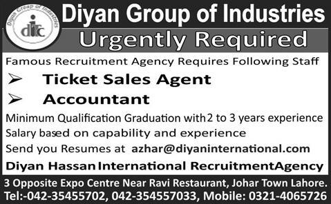 Ticket Sales Agent & Accountant Jobs in Lahore 2014 Latest at Diyan Hassan International Recruitment Agency