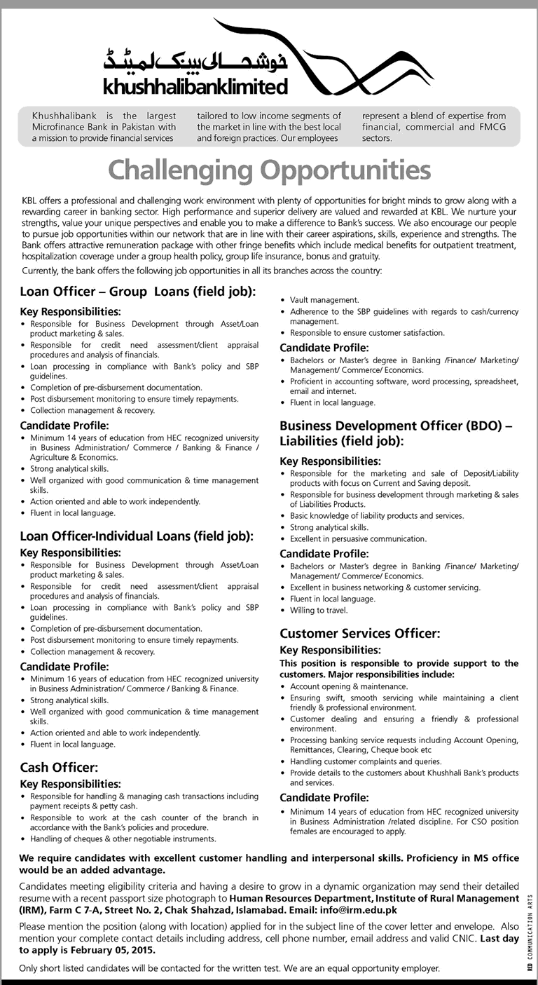 Khushhali Bank Jobs 2015 Loan / Cash Officer, Customer Services / Business Development Officer