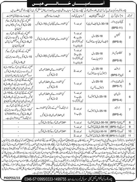 Civilian Jobs in Pakistan Army 2015 in KPK Telephone Operators, Technicians, Driver, Cook & Others Latest
