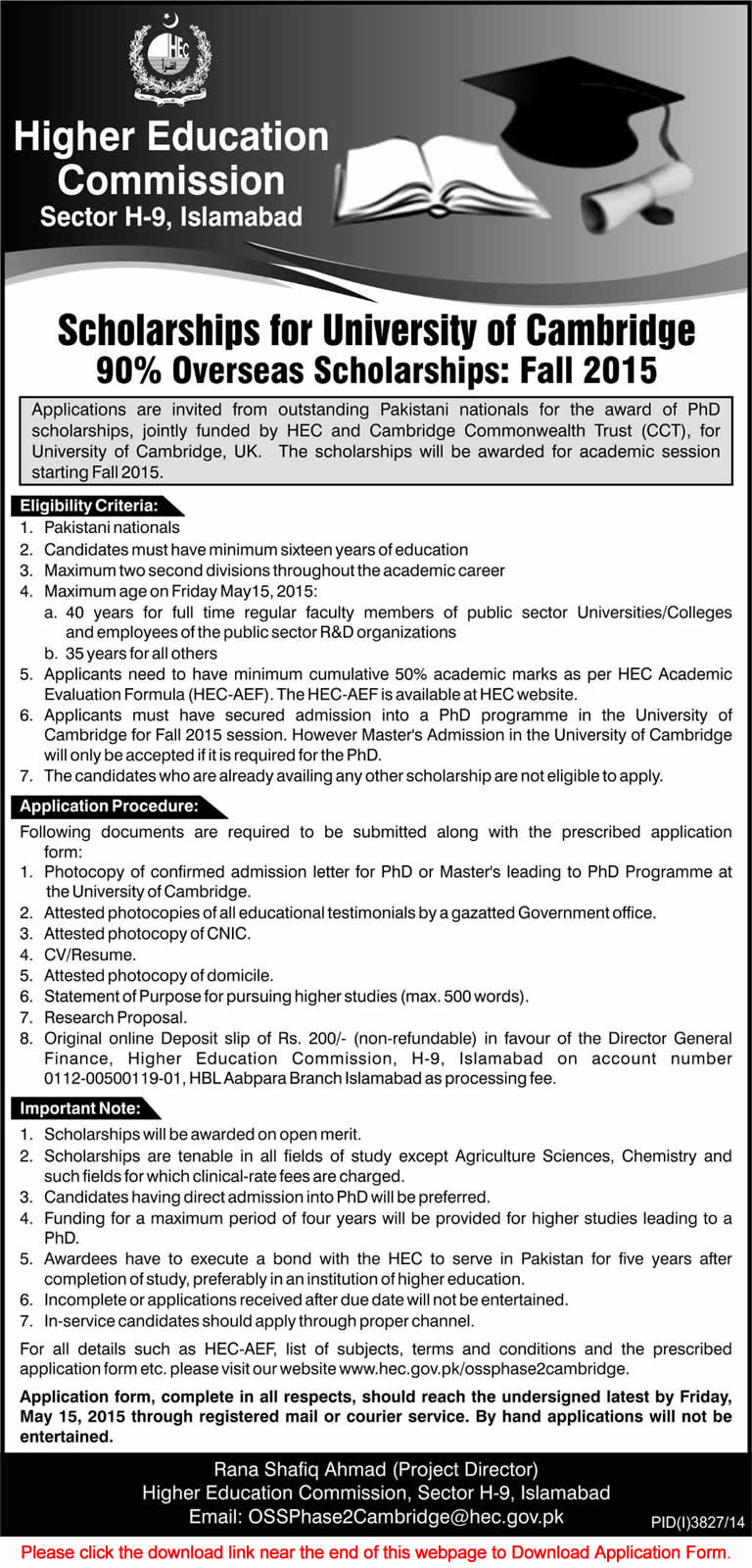 HEC Scholarships for University of Cambridge 2015 Application Form Download