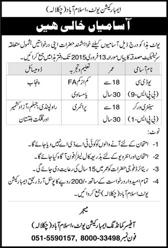 Clerk & Sanitary Worker Jobs in Islamabad 2015 Embarkation Unit Chaklala Latest