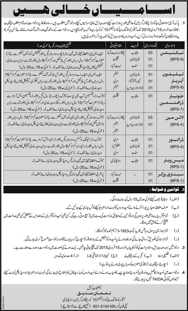 Pakistan Army Corps of Signals Jobs 2015 February GHQ Chaklala Garrison Latest Advertisement