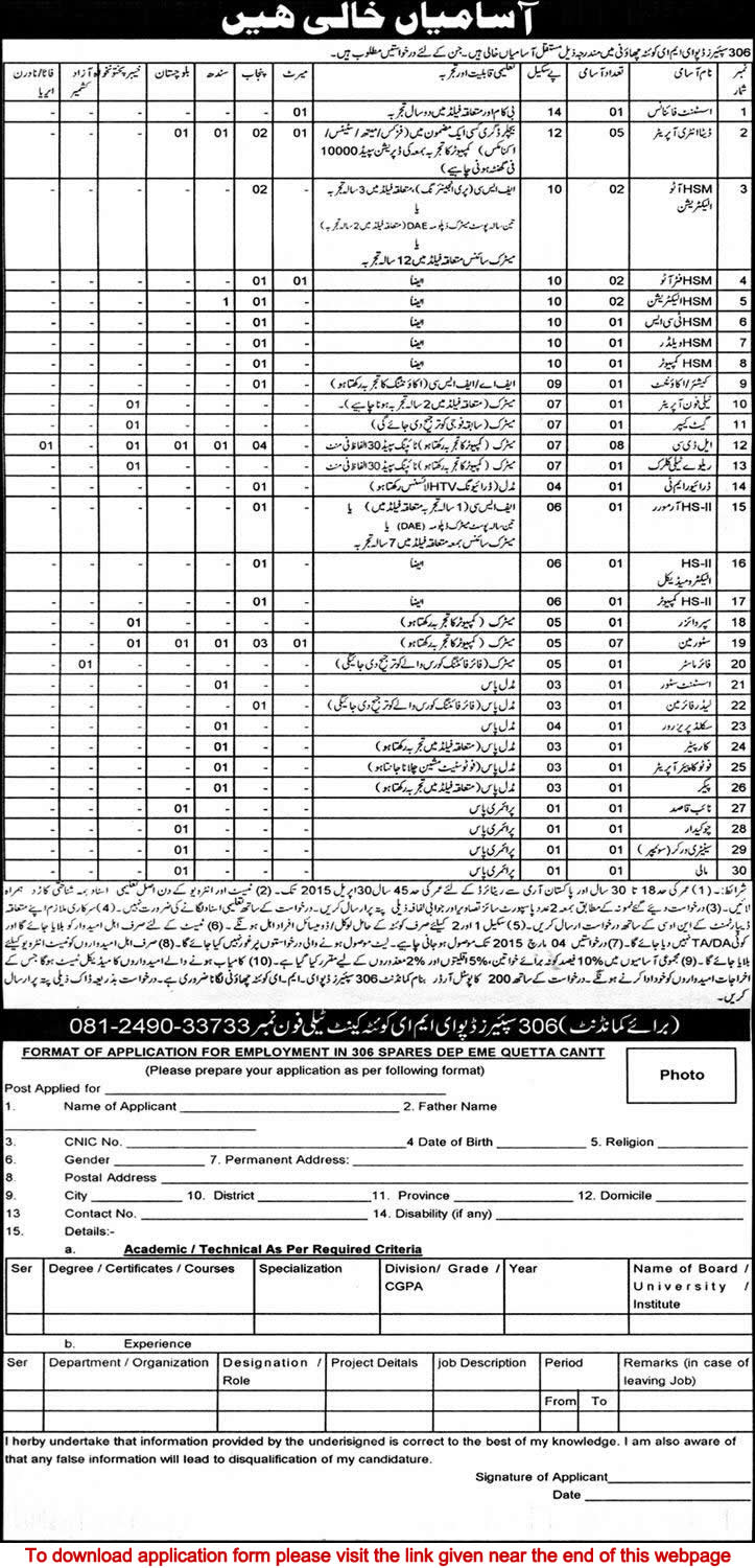 306 Spares Depot EME Quetta Cantt Jobs 2015 February Application Form Download Latest