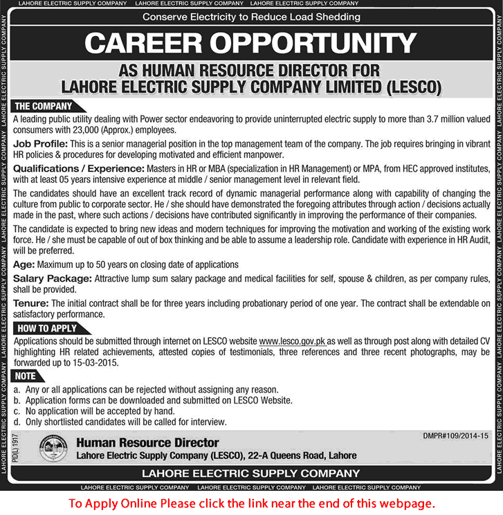 HR Director LESCO Jobs 2015 February Apply Online Lahore Electric Supply Company Latest