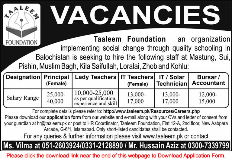 Taaleem Foundation Balochistan Jobs 2015 March Application Form Download Teaching Faculty & Others