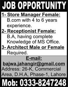 Receptionist, Store Manager & Architect Jobs in Lahore 2015 March Latest