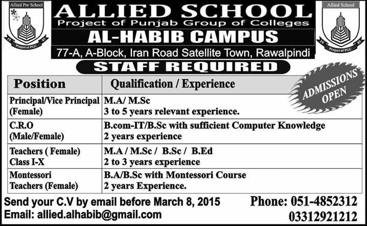 Allied School Rawalpindi Jobs 2015 March Teaching Faculty, Vice Principal & Customer Relations Officer
