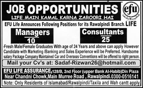 EFU Life Insurance Rawalpindi Jobs 2015 March for Managers & Consultants Latest