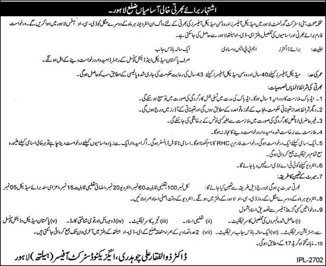 Health Department Lahore Jobs 2015 March Medical Officers Walk in Interviews Latest