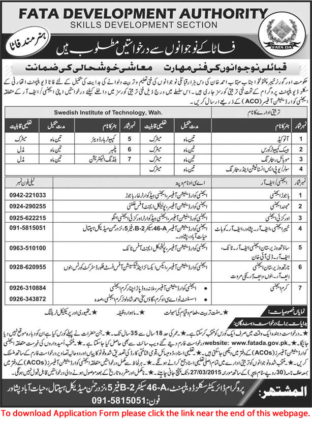 FATA Development Authority Free Courses 2015 March Application Form Download Latest