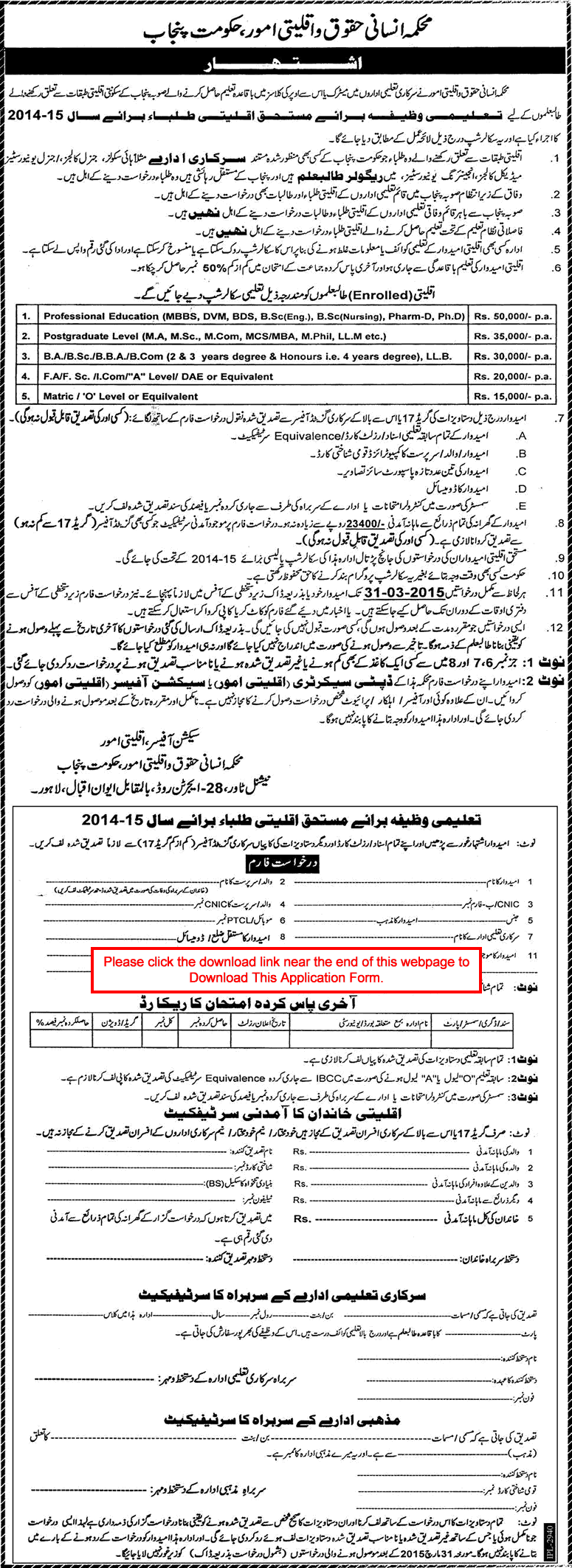 Minorities Affairs Department Punjab Scholarships 2015 Application Form for Minority Students Stipend