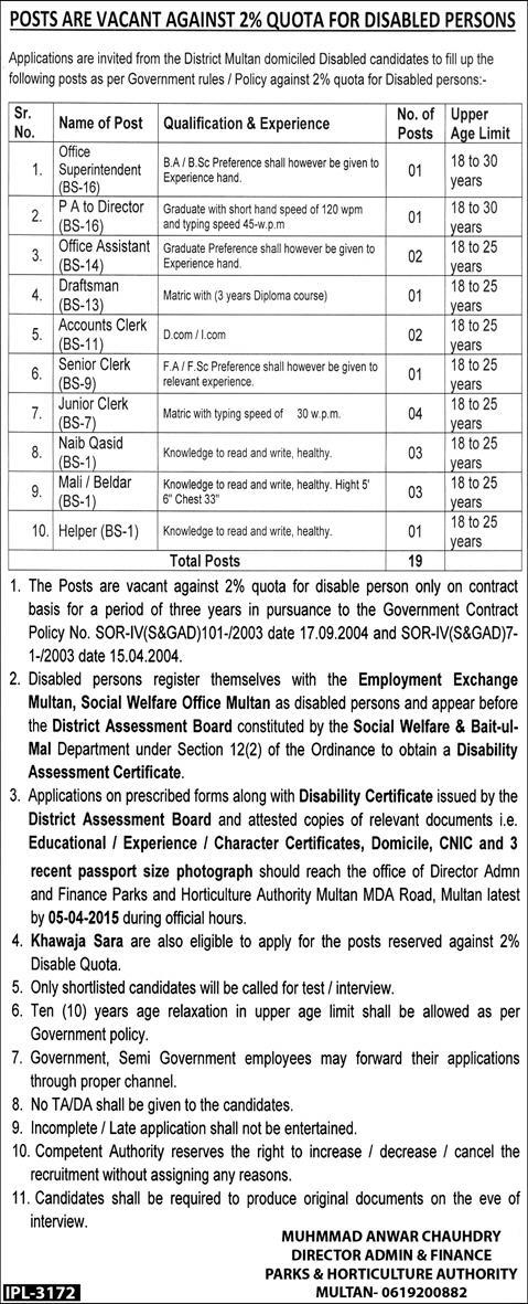 Parks and Horticulture Authority Multan Jobs 2015 March Disabled Quota in PHA Latest