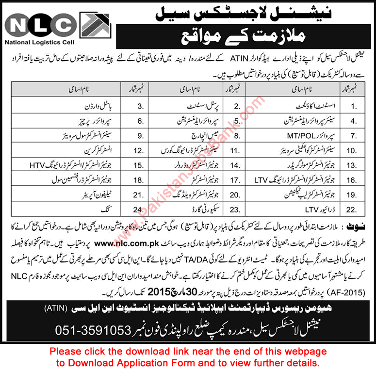 National Logistic Cell Jobs 2015 March Application Form Download ATIN Dina / Mandra