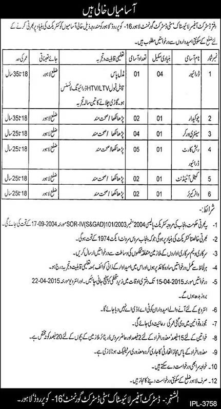 District Livestock Office Lahore Jobs 2015 April Driver, Cattle Attendant, Sanitary Worker & Others