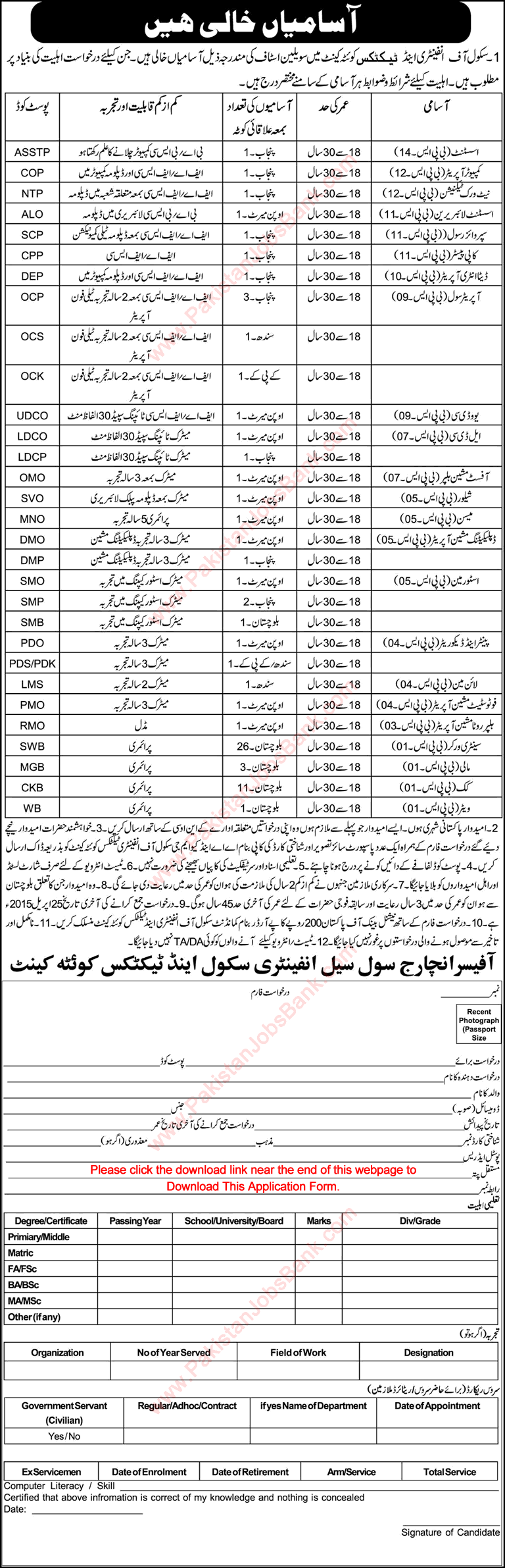 School of Infantry and Tactics Quetta Jobs 2015 April Application Form Download Latest