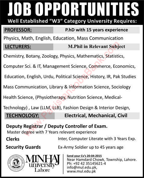 Minhaj University Lahore Jobs 2015 April Teaching Faculty / Professors & Lecturers & Admin Staff
