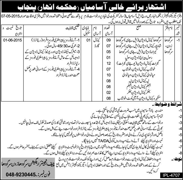 Canal Guard Jobs in Irrigation Department Sargodha 2015 April Mehkma Anhar Latest